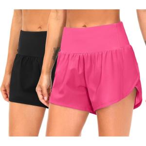 imageTHE GYM PEOPLE 2 Pack Womens High Waisted Running Shorts with Zipper Pockets Liner Quick Dry Athletic Workout ShortsBlackBright Pink