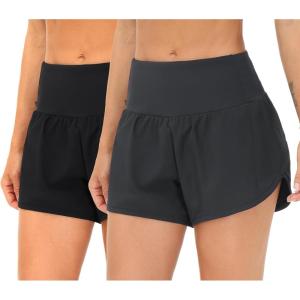 imageTHE GYM PEOPLE 2 Pack Womens High Waisted Running Shorts with Zipper Pockets Liner Quick Dry Athletic Workout ShortsBlackCharcoal Grey