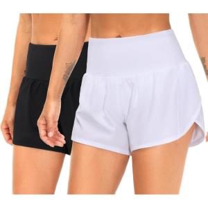imageTHE GYM PEOPLE 2 Pack Womens High Waisted Running Shorts with Zipper Pockets Liner Quick Dry Athletic Workout ShortsBlackWhite