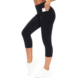 imageTHE GYM PEOPLE Tummy Control Workout Capris Leggings with Pockets High Waist Athletic Yoga Pants for Women Running HikingBlack