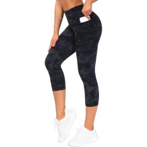 imageTHE GYM PEOPLE Tummy Control Workout Capris Leggings with Pockets High Waist Athletic Yoga Pants for Women Running HikingBlueDark GreyBlack