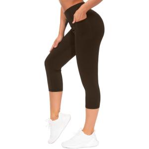 imageTHE GYM PEOPLE Tummy Control Workout Capris Leggings with Pockets High Waist Athletic Yoga Pants for Women Running HikingBrown