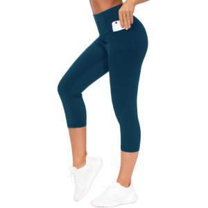 imageTHE GYM PEOPLE Tummy Control Workout Capris Leggings with Pockets High Waist Athletic Yoga Pants for Women Running HikingDark Blue Green