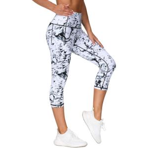 imageTHE GYM PEOPLE Tummy Control Workout Capris Leggings with Pockets High Waist Athletic Yoga Pants for Women Running HikingMarble