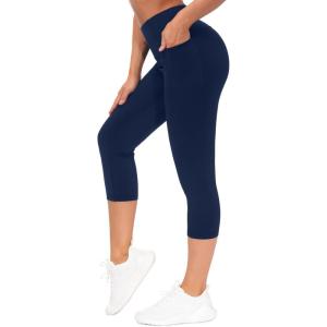 imageTHE GYM PEOPLE Tummy Control Workout Capris Leggings with Pockets High Waist Athletic Yoga Pants for Women Running HikingNavy Blue