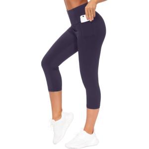 imageTHE GYM PEOPLE Tummy Control Workout Capris Leggings with Pockets High Waist Athletic Yoga Pants for Women Running HikingPurple