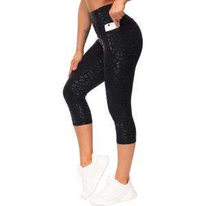 imageTHE GYM PEOPLE Tummy Control Workout Capris Leggings with Pockets High Waist Athletic Yoga Pants for Women Running HikingSilverBlack