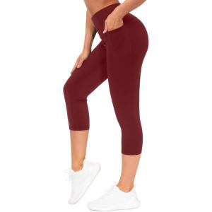 imageTHE GYM PEOPLE Tummy Control Workout Capris Leggings with Pockets High Waist Athletic Yoga Pants for Women Running HikingWine Red