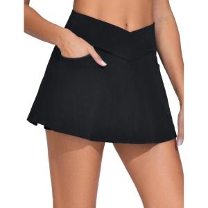 imageTHE GYM PEOPLE Womens Cross Waist Jean Skorts Stretchy Ruffle Denim Skirts with 2 in 1 Shorts PocketsBlack
