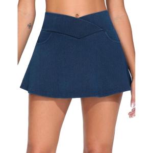 imageTHE GYM PEOPLE Womens Cross Waist Jean Skorts Stretchy Ruffle Denim Skirts with 2 in 1 Shorts PocketsDark Blue