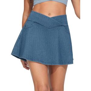 imageTHE GYM PEOPLE Womens Cross Waist Jean Skorts Stretchy Ruffle Denim Skirts with 2 in 1 Shorts PocketsDenim Blue