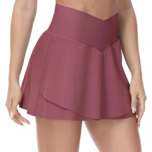 imageTHE GYM PEOPLE Womens Cross Waist Tennis Skirts with Cutting Hem Golf Skorts with Inner Mesh Pockets ShortsRed