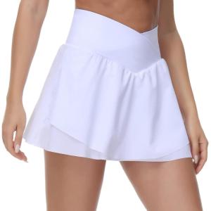 imageTHE GYM PEOPLE Womens Cross Waist Tennis Skirts with Cutting Hem Golf Skorts with Inner Mesh Pockets ShortsWhite