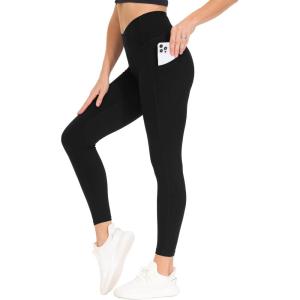 imageTHE GYM PEOPLE Womens Cross Waist Workout Leggings Tummy Control High Waisted Athletic Yoga Pants with PocketsBlack