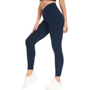 imageTHE GYM PEOPLE Womens Cross Waist Workout Leggings Tummy Control High Waisted Athletic Yoga Pants with PocketsBlue