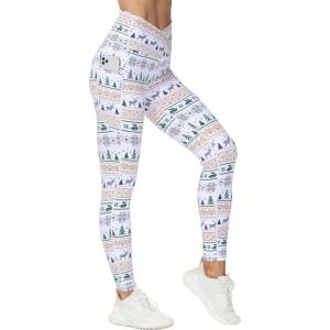 imageTHE GYM PEOPLE Womens Cross Waist Workout Leggings Tummy Control High Waisted Athletic Yoga Pants with PocketsXmas Print White