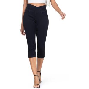 imageTHE GYM PEOPLE Womens Cross Waisted Stretchy Capri Denim Jeggings Tummy Control Skinny Jean Leggings with PocketsBlack
