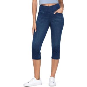 imageTHE GYM PEOPLE Womens Cross Waisted Stretchy Capri Denim Jeggings Tummy Control Skinny Jean Leggings with PocketsDark Blue