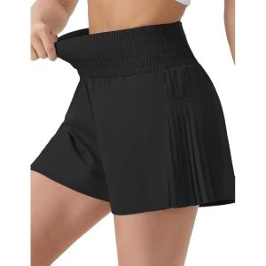 imageTHE GYM PEOPLE Womens High Waist Workout Shorts Side Pleated Athletic Running Shorts with Mesh Liner Zip PocketBlack