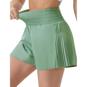 imageTHE GYM PEOPLE Womens High Waist Workout Shorts Side Pleated Athletic Running Shorts with Mesh Liner Zip PocketJasmine Green
