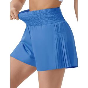 imageTHE GYM PEOPLE Womens High Waist Workout Shorts Side Pleated Athletic Running Shorts with Mesh Liner Zip PocketLight Blue