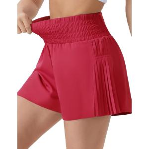 imageTHE GYM PEOPLE Womens High Waist Workout Shorts Side Pleated Athletic Running Shorts with Mesh Liner Zip PocketMagenta