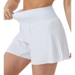 imageTHE GYM PEOPLE Womens High Waist Workout Shorts Side Pleated Athletic Running Shorts with Mesh Liner Zip PocketWhite