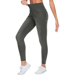 imageTHE GYM PEOPLE Womens High Waisted Jeggings Pants Stretchy Tummy Control Skinny Jean Leggings with PocketsBlack Grey