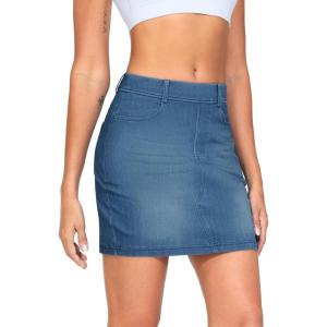 imageTHE GYM PEOPLE Womens High Waisted Mini Denim Skirts with Pockets Stretch Skinny Jean Bodycon SkirtsDenim Blue