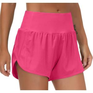 imageTHE GYM PEOPLE Womens High Waisted Running Shorts Quick Dry Athletic Workout Shorts with Mesh Liner Zipper PocketsBright Pink