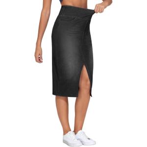 imageTHE GYM PEOPLE Womens High Waisted Stretchy Jean Skirts Front Slit Midi Denim Skirt with PocketsBlack