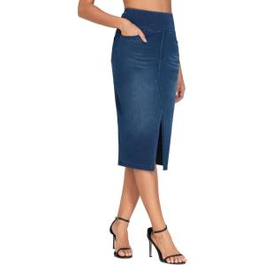 imageTHE GYM PEOPLE Womens High Waisted Stretchy Jean Skirts Front Slit Midi Denim Skirt with PocketsDark Blue