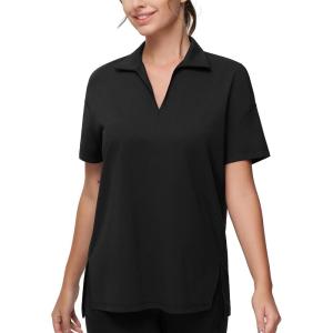 imageTHE GYM PEOPLE Womens Loose fit Workout Polo Shirts Back Short Sleeve V Neck Tees Tops with Side SlitsBlack