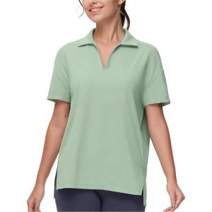 imageTHE GYM PEOPLE Womens Loose fit Workout Polo Shirts Back Short Sleeve V Neck Tees Tops with Side SlitsLight Green
