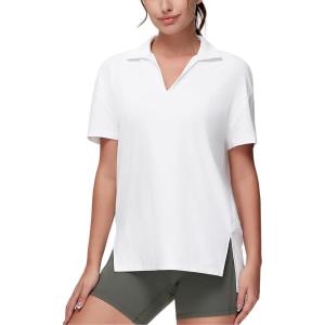 imageTHE GYM PEOPLE Womens Loose fit Workout Polo Shirts Back Short Sleeve V Neck Tees Tops with Side SlitsWhite