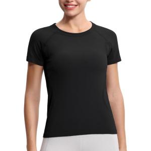 imageTHE GYM PEOPLE Womens Seamless Workout TShirts Short Sleeve Slim Fit Shirts Breathable Running Tee TopsBlack
