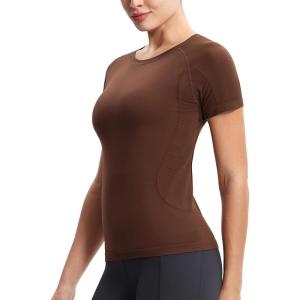 imageTHE GYM PEOPLE Womens Seamless Workout TShirts Short Sleeve Slim Fit Shirts Breathable Running Tee TopsBrown