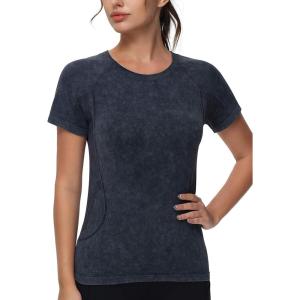 imageTHE GYM PEOPLE Womens Seamless Workout TShirts Short Sleeve Slim Fit Shirts Breathable Running Tee TopsHeather Black