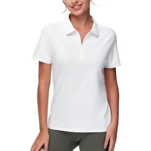 imageTHE GYM PEOPLE Womens Short Sleeve Polo Shirts Zip Up Quick Dry Breathable Collared Golf Workout TopsWhite