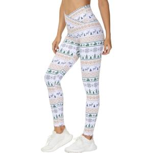 imageTHE GYM PEOPLE Womens V Cross Waist Yoga Leggings with High Waisted Tummy ControlXmas Print White