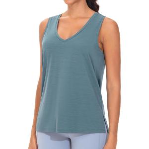 imageTHE GYM PEOPLE Womens V Neck Tank Tops Stretchy Loose Fit Sleeveless Workout Shirts Quick Dry Yoga Tops with Side SplitGrey Blue