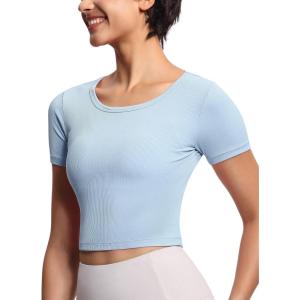imageTHE GYM PEOPLE Womens Workout Crop Tops Short Sleeve Ribbed Ice Silk Fabric Slim Fit Square Neck Running ShirtsLight Blue