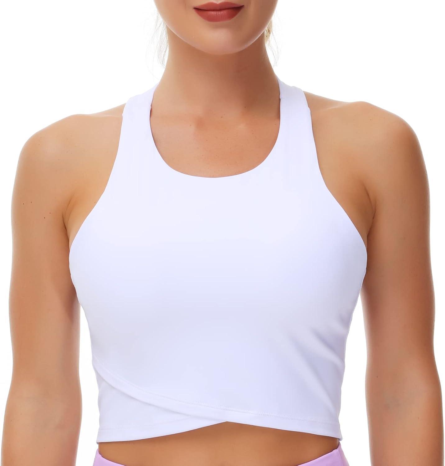 imageWomens Racerback Sports Bra Medium Support Athletic Workout Crop Tank Tops Built in BraWhite