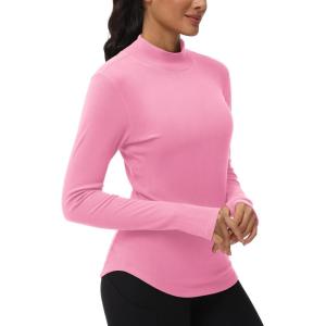 imageTHE GYM PEOPLE Fleece Mock Turtleneck Pullover Base Layer Shirts Long Sleeve Workout Tops with Thumb HolePink