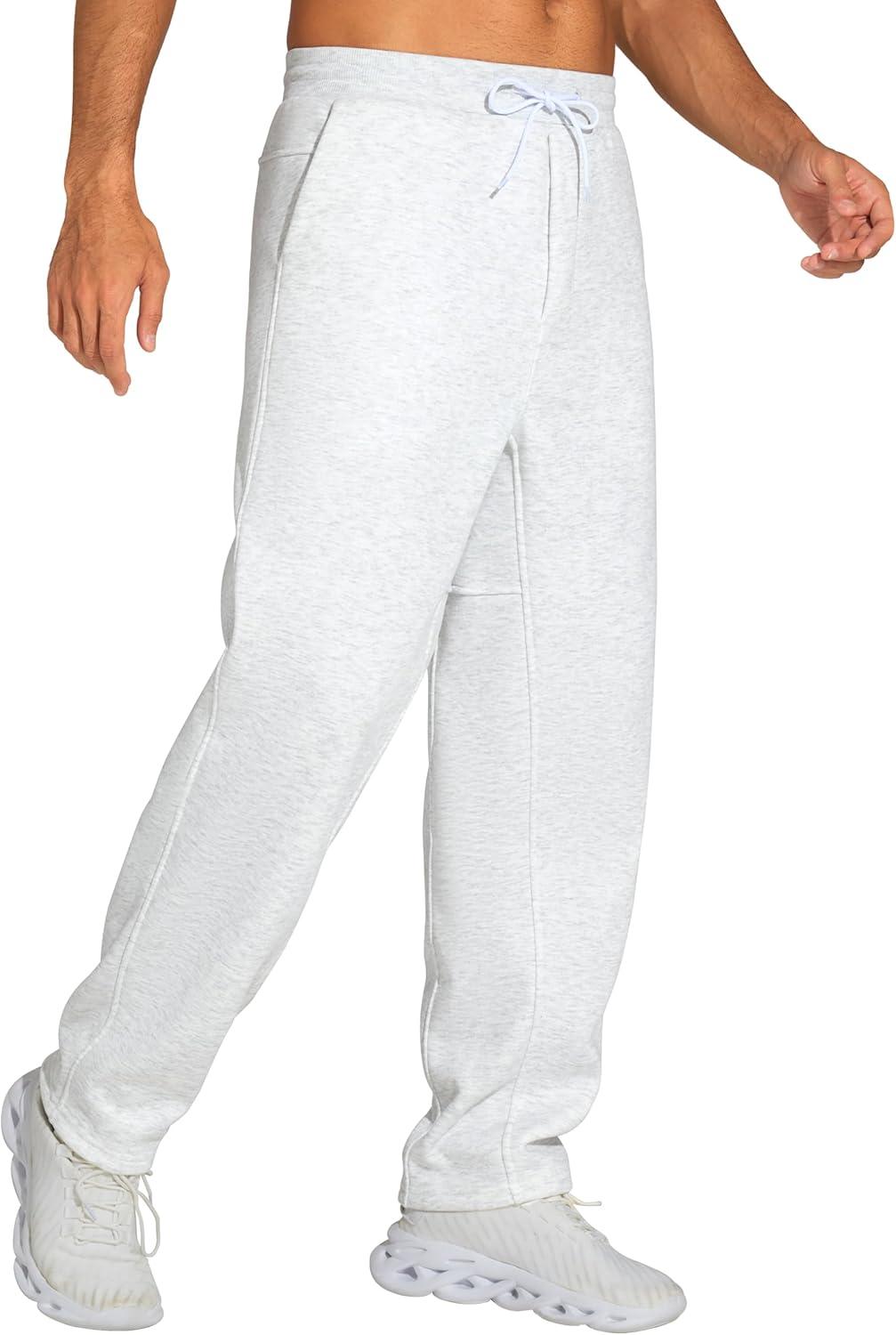 imageTHE GYM PEOPLE Mens Baggy Sweatpants Fleece Drawstring Straight Leg Open Bottom Workout Pants with PocketsHeather White
