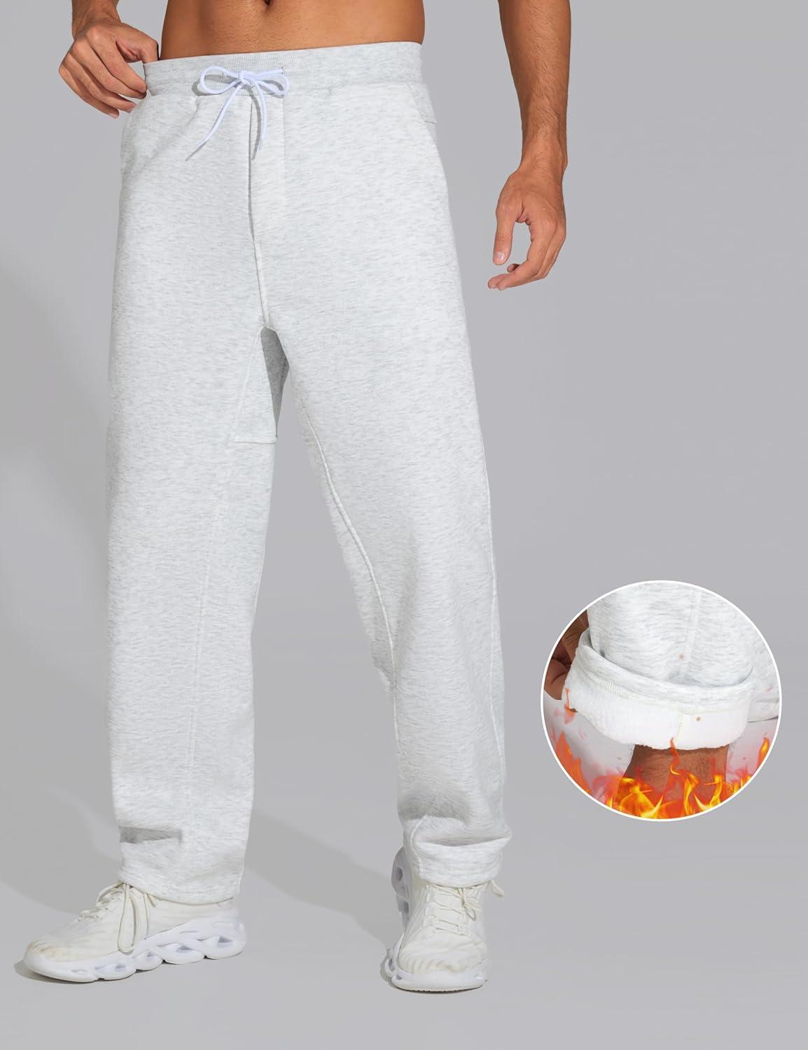 imageTHE GYM PEOPLE Mens Baggy Sweatpants Fleece Drawstring Straight Leg Open Bottom Workout Pants with PocketsHeather White
