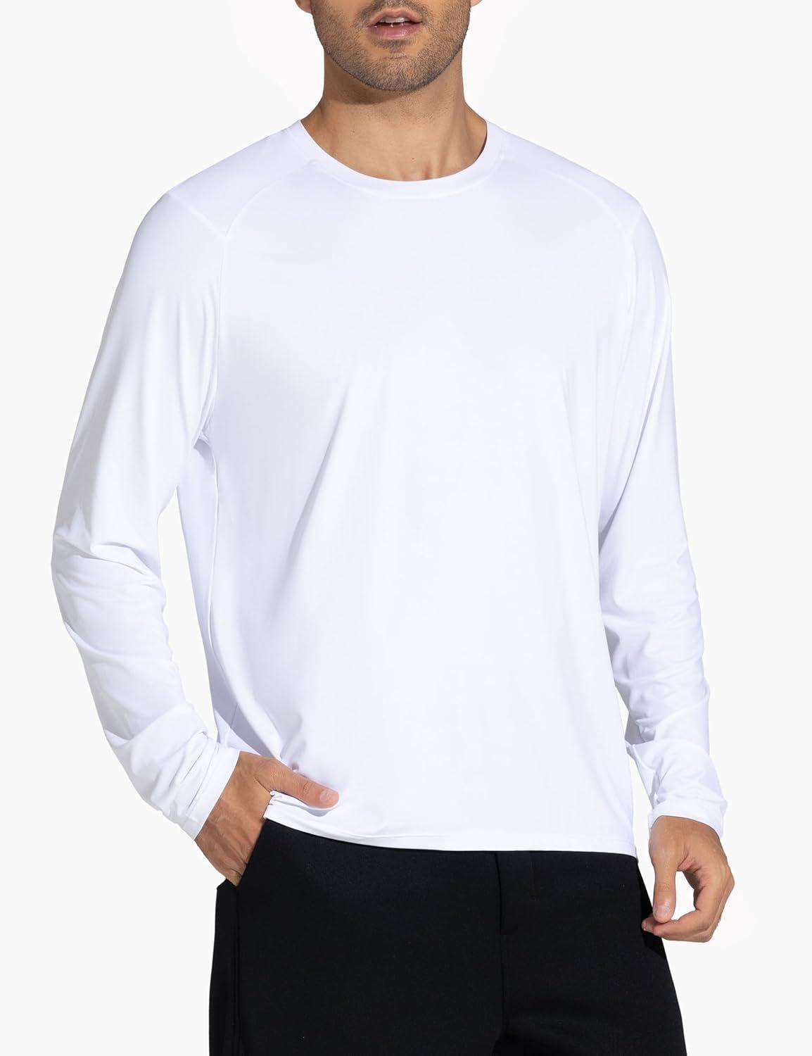 imageTHE GYM PEOPLE Mens Lightweight Workout Shirts Loose Fit Long Sleeve Crewneck Athletic TopsWhite