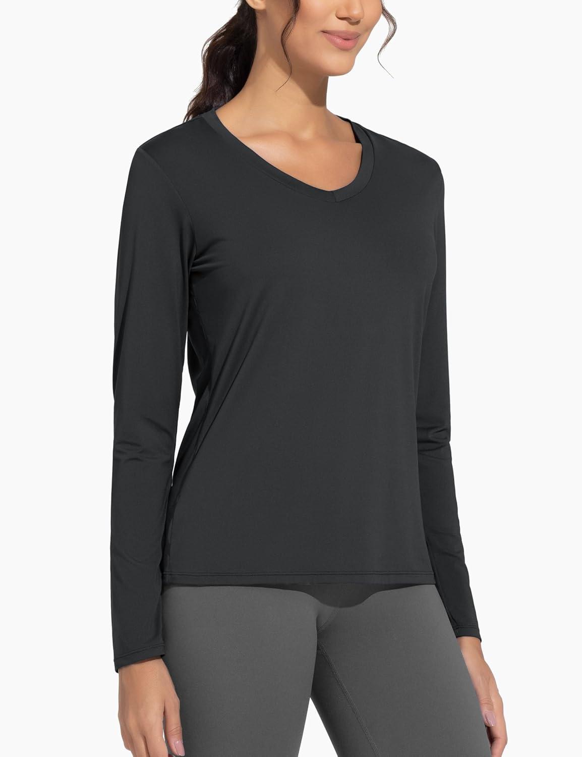 imageTHE GYM PEOPLE Womens Long Sleeve Workout Shirts VNeck Lightweight Basic Athletic TopsBlack