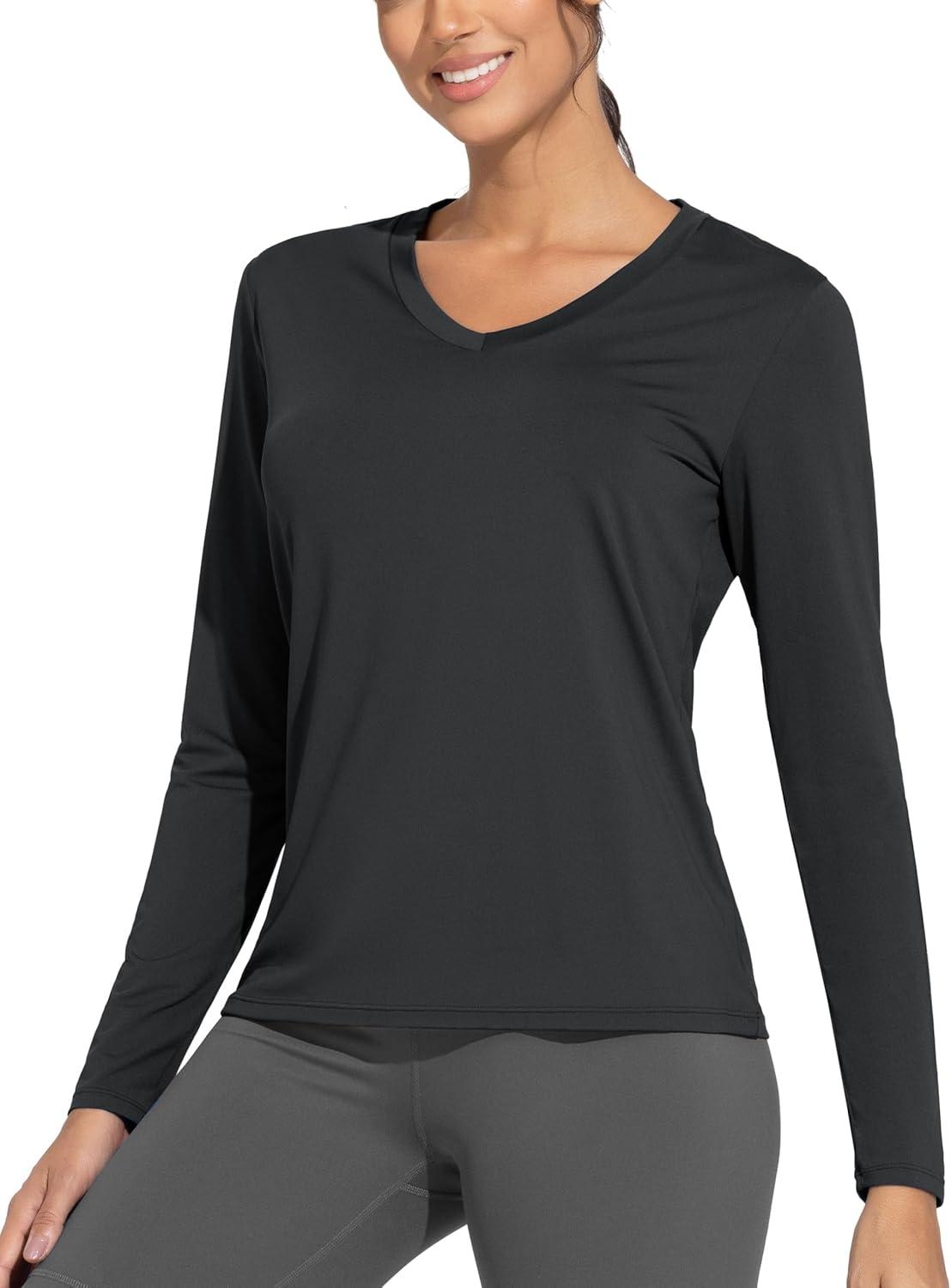imageTHE GYM PEOPLE Womens Long Sleeve Workout Shirts VNeck Lightweight Basic Athletic TopsBlack