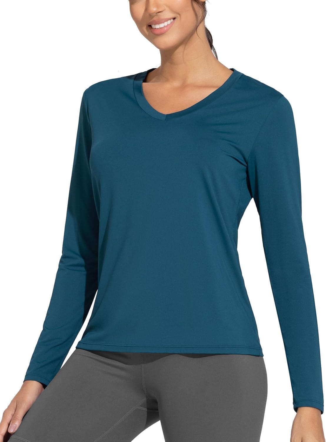 imageTHE GYM PEOPLE Womens Long Sleeve Workout Shirts VNeck Lightweight Basic Athletic TopsDark Blue Green